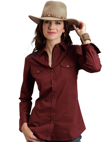 Stetson Womens Long Sleeve Embroidered Solid Snap Shirt Red Women