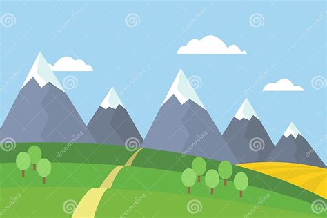 Vector View Of Mountain Landscape With Trees And Field Under Blue Sky