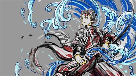 Demon Slayer Tanjirou Kamado Having Sword With Gray Background And Blue