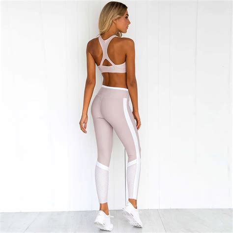 sexy pink leggings high waist yoga pants push up yoga set backless sport suit elastic women