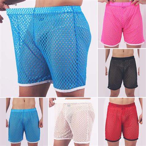 Mens Male Shorts Solid Color See Through Elastic Waistband High Waist