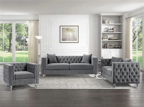 Traditional Gray Velvet Living Room Set 3pcs Homelegance 9326gy Welwyn