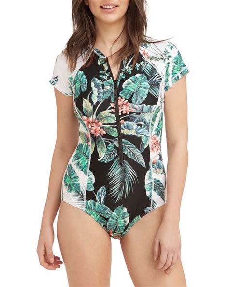 Sea Level Short Sleeve Front Zip One Piece Swimsuit In At In Black