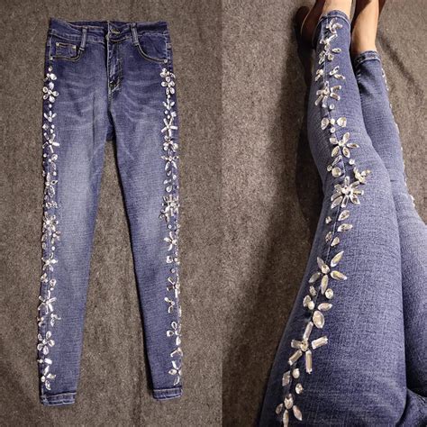 Plus Size 26 32beaded Rhinestone Cropped Women Jeans High Waist Pearl Diamond Skinny Pencil