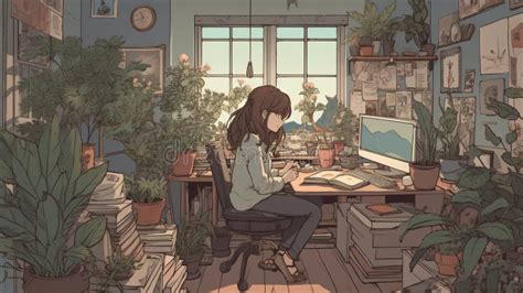 Anime Girl Studying Book In Nature Anime Woman In Desk Working Anime