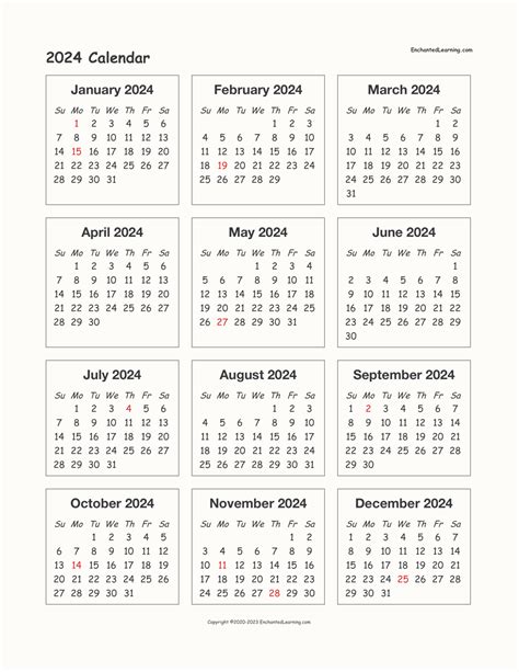 Free Printable One Page 2024 Calendar