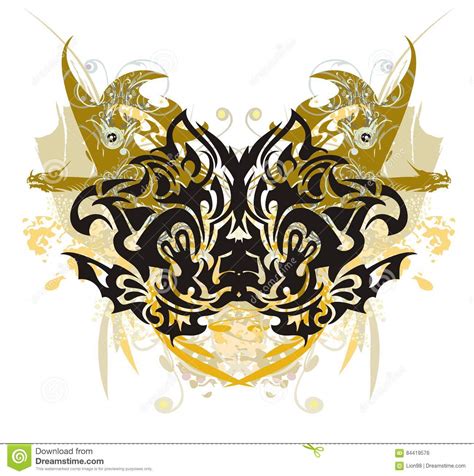 Grunge Stylized Butterfly With Gold Winged Dragons Stock Vector