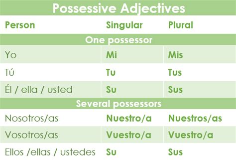 Possessive Adjectives Spanish Chart