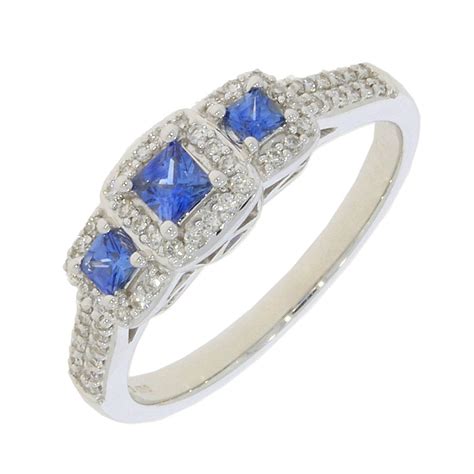 18ct White Gold Princess Cut Sapphire Ring With 022ct Diamonds