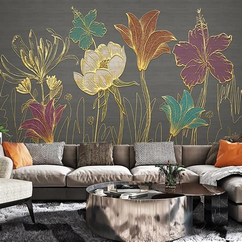 3d Wall Murals Wallpaper Luxury Golden Embossed Flower Leaves Etsy
