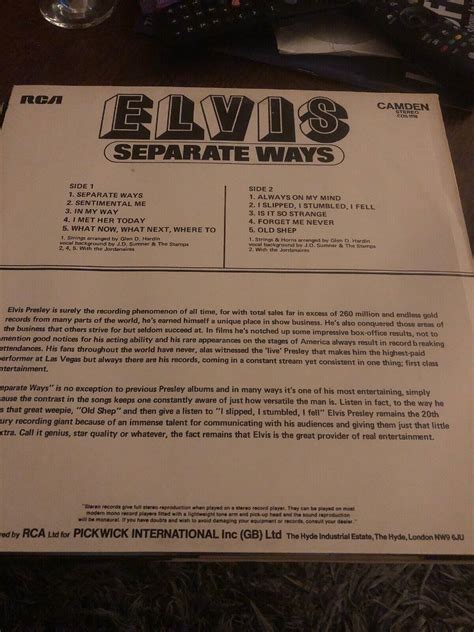Elvis Presleyseparate Waysoriginal Album 1973 Rca Camden Cds 1118 Lp