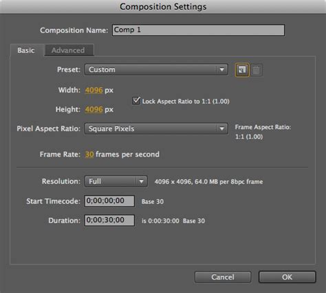 Aftereffects Fulldome Composition Settings
