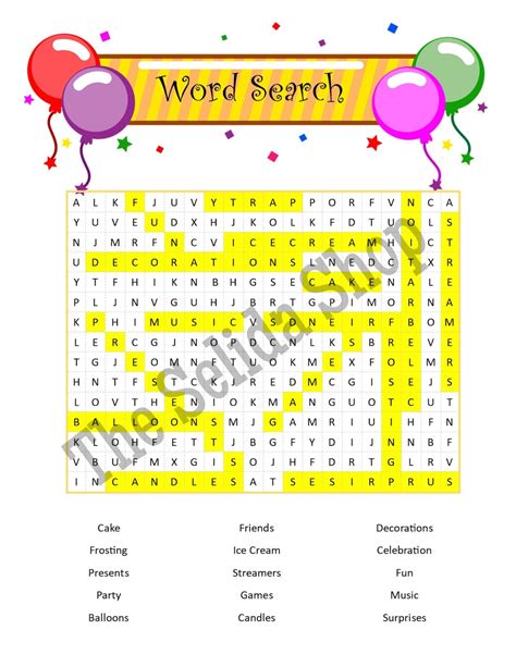 Birthday Party Word Search Etsy