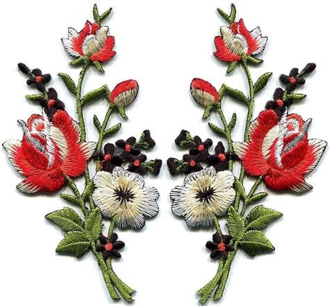 Boho Bouquet Patch Redblack Etsy Embroidered Flowers Black And Red