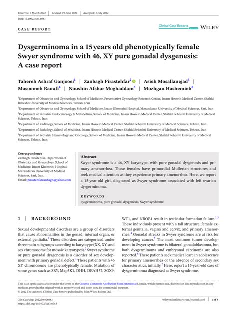 PDF Dysgerminoma In A 15 Years Old Phenotypically Female Swyer
