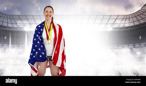 Composite Image Of Athlete Posing With American Flag And Gold Medals