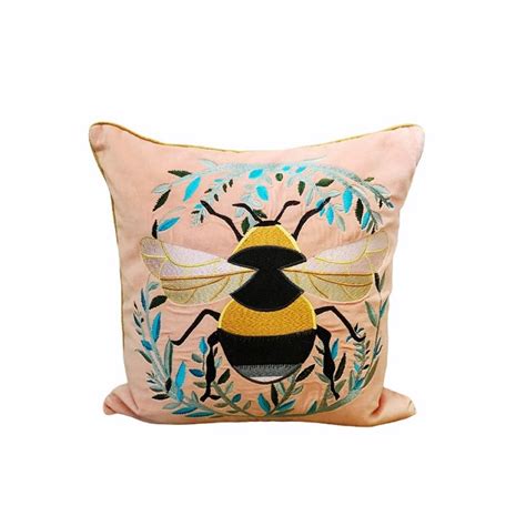 Trouva Velvet Blush Pink Embroidered Bumble Bee Cushion