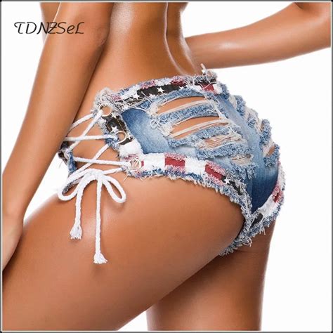 Sexy Low Waist Usa Flag Patchwork Denim Thongs Back Ripped Hole Hollow Side Bandage Jean Shorts