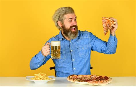 French Fries Guy In Bar Drinking Beer Glass And Eating Pizza Cheers Watching Football On Tv