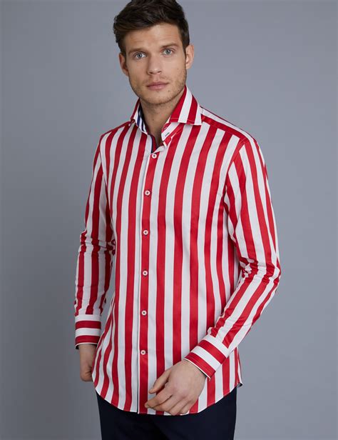 Mens Curtis Red And White Bold Stripe Slim Fit Shirt High Collar Single Cuff Hawes And Curtis