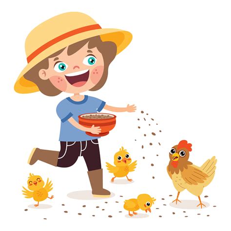 Cartoon Kid Feeding Chicken And Chicks Vector Art At Vecteezy