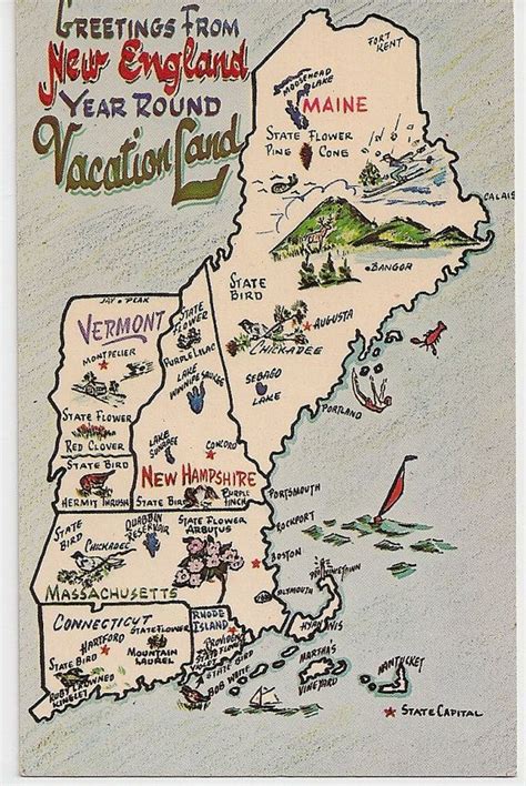 Greetings From New England Vacation Land Vintage Map Postcard Etsy