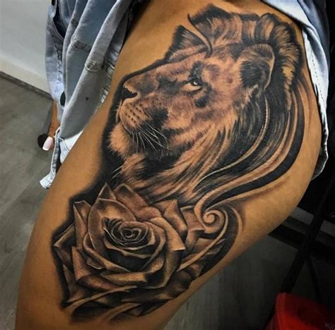 Rose And Lion Head Tattoo On Side Thigh By Angry Mom