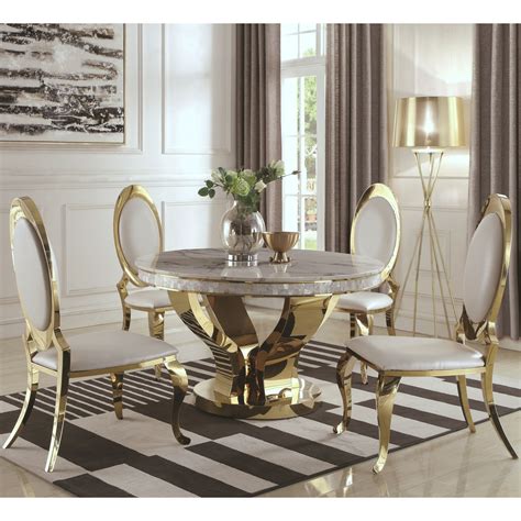 Luxurious Modern Design 5 Piece Gold Dining Set With Marble Table Top 1 Table 4 Chairs White