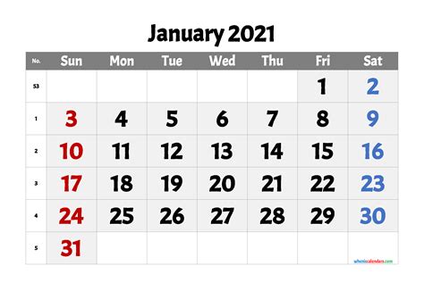 Printable January 2021 Calendar Free 6 Templates