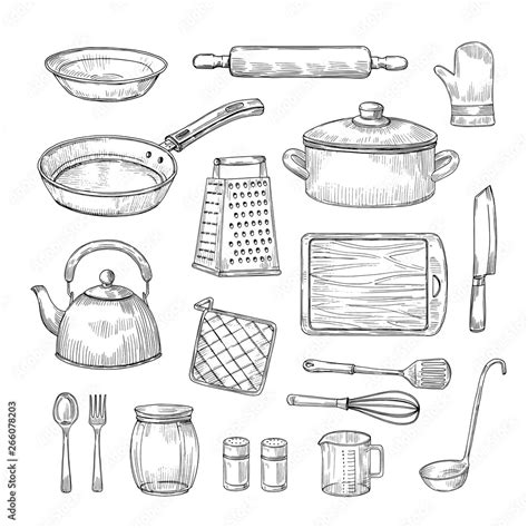 Sketch Kitchen Tools Cooking Utensils Hand Drawn Kitchenware Doodle