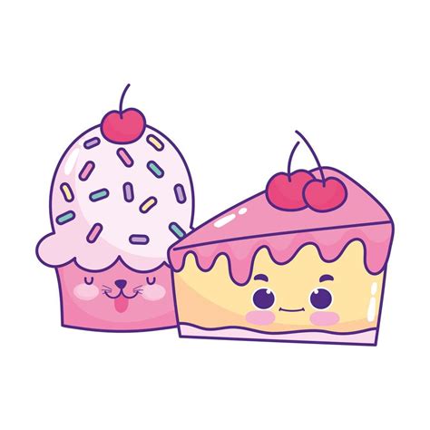 Cute Food Cupcake Y Slice Cake Cereza Postre Dulce Pastelería Dibujos