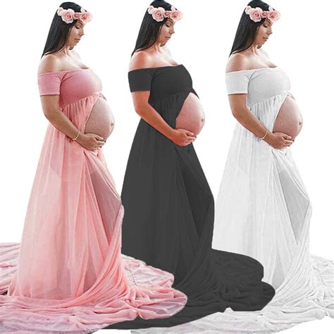 Sunjoy Tech Maternity Off Shoulder Chiffon Gown For Photography Split