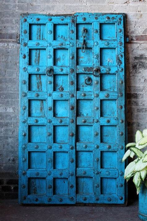 Antique Indian Door Set Teak Wood Blue Haveli Doors Global Influenced