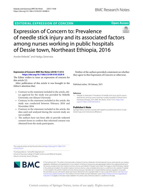 Pdf Expression Of Concern To Prevalence Of Needle Stick Injury And