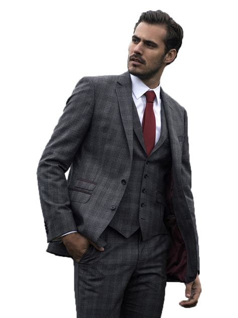 Tapered Fit Grey & Burgundy Check Suit - FOCUS Menswear