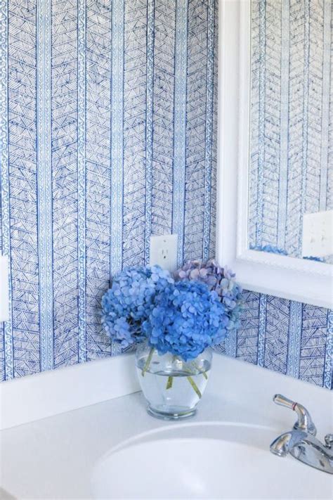 Hydrangeas Blue And White Wallpaper Powder Room Design Powder Room