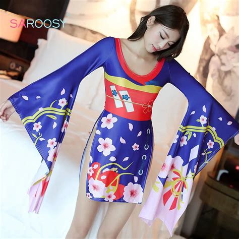 Saroosy New Sexy Costumes Japanese Style Kimono For Women High Cut Printed Cherry Blossom