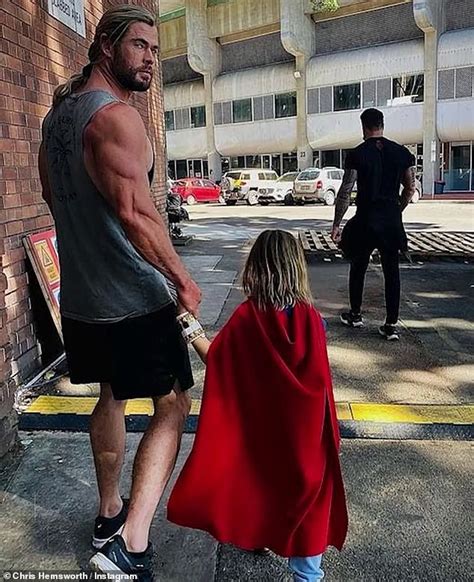 Buff Chris Hemsworth Films Scenes For Thor Love And Thunder With Son
