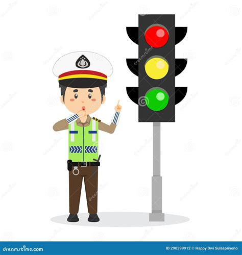 Happy Indonesian Traffic Police Character Stand Beside Traffic Lamp