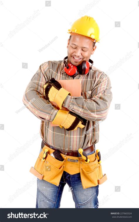 Handsome Construction Worker Isolated White Background Stock Photo