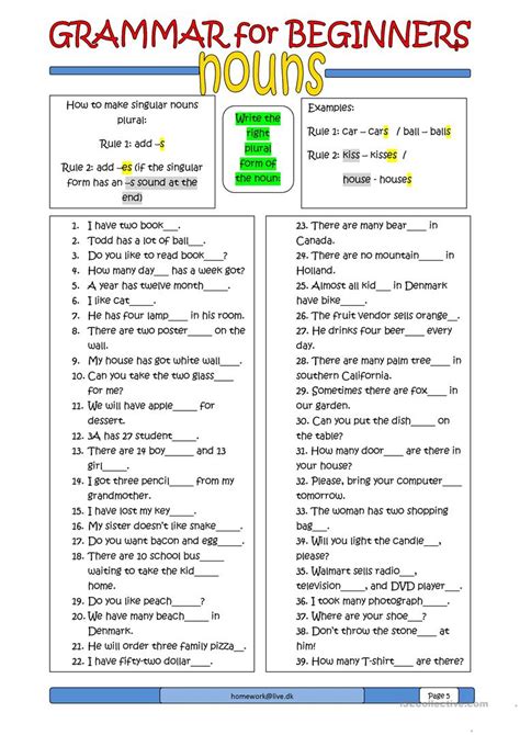 One of the simplest writing exercises is also one of the easiest. Grammar for Beginners: nouns (1) worksheet - Free ESL ...