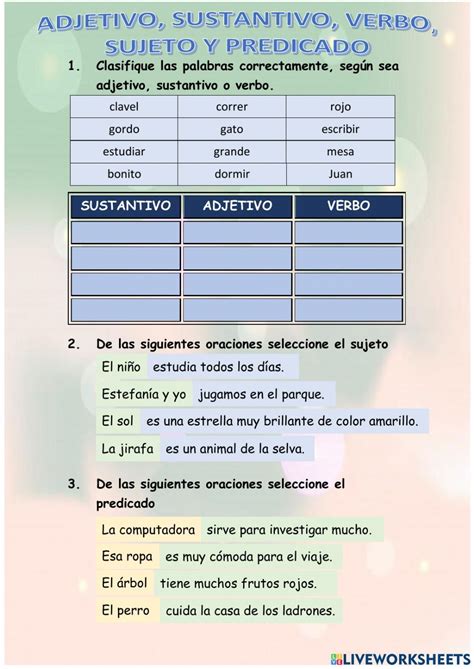 A Spanish Poster With The Words Adjetvo Sustentivo Verbio And