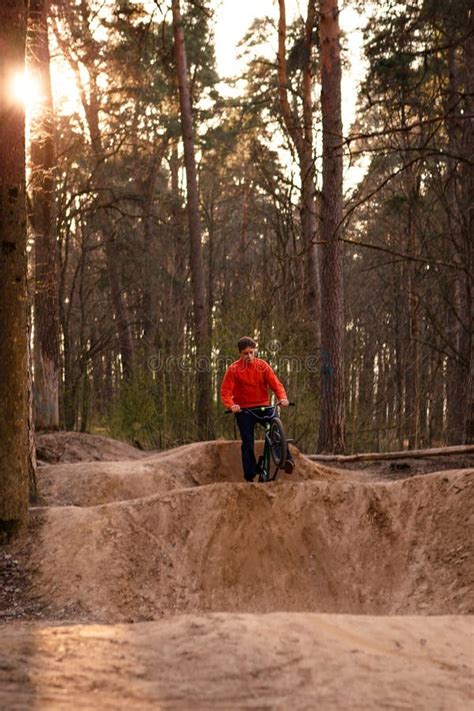 Cyclists In The Forest On A Track With Slides For Sport Mountain Biking