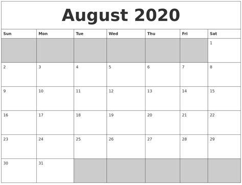 August 2020 Blank Printable Calendar