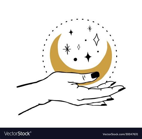 Womens Hand Holding Moon And Stars Trendy Linear Vector Image