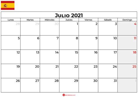 Calendario Julio 2021 España Para Imprimir