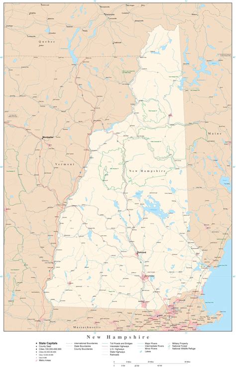 Poster Size New Hampshire Map With County Boundaries Cities Highways