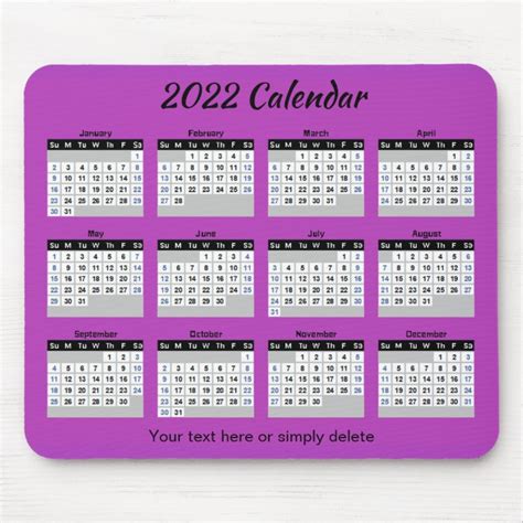 2022 Calendar Purple Custom Text Mouse Pad Uk