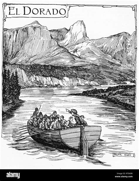 Engraving Of A Boat Load Of Conquistadors Trying To Find El Dorado