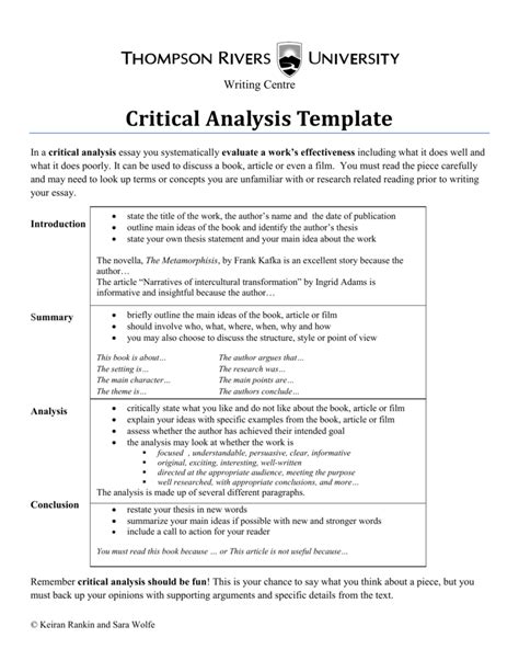 Remember critical analysis should be fun! Critical Analysis Template